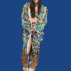 Silver Holographic Sequin/Scale Rave Coat Duster Silver NWT